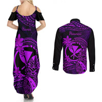 Hawaii Couples Matching Summer Maxi Dress and Long Sleeve Button Shirts Pineapple Mix Polynesian Plumeria Purple Version - Wonder Print Shop