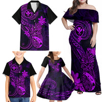 Hawaii Family Matching Off Shoulder Maxi Dress and Hawaiian Shirt Pineapple Mix Polynesian Plumeria Purple Version - Wonder Print Shop