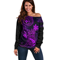 Hawaii Off Shoulder Sweater Pineapple Mix Polynesian Plumeria Purple Version - Wonder Print Shop