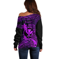 Hawaii Off Shoulder Sweater Pineapple Mix Polynesian Plumeria Purple Version - Wonder Print Shop