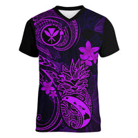 Hawaii Women V Neck T Shirt Pineapple Mix Polynesian Plumeria Purple Version - Wonder Print Shop