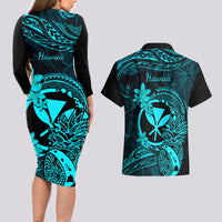 Hawaii Couples Matching Long Sleeve Bodycon Dress and Hawaiian Shirt Pineapple Mix Polynesian Plumeria Turquoise Version - Wonder Print Shop
