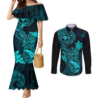 hawaii-couples-matching-mermaid-dress-and-long-sleeve-button-shirts-pineapple-mix-polynesian-plumeria-turquoise-version