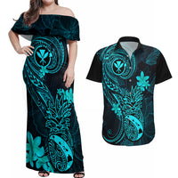 Hawaii Couples Matching Off Shoulder Maxi Dress and Hawaiian Shirt Pineapple Mix Polynesian Plumeria Turquoise Version - Wonder Print Shop