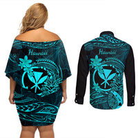 Hawaii Couples Matching Off Shoulder Short Dress and Long Sleeve Button Shirts Pineapple Mix Polynesian Plumeria Turquoise Version - Wonder Print Shop