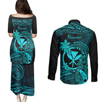 Hawaii Couples Matching Puletasi Dress and Long Sleeve Button Shirts Pineapple Mix Polynesian Plumeria Turquoise Version - Wonder Print Shop