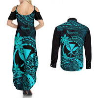 Hawaii Couples Matching Summer Maxi Dress and Long Sleeve Button Shirts Pineapple Mix Polynesian Plumeria Turquoise Version - Wonder Print Shop