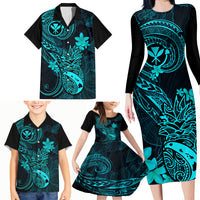 Hawaii Family Matching Long Sleeve Bodycon Dress and Hawaiian Shirt Pineapple Mix Polynesian Plumeria Turquoise Version - Wonder Print Shop
