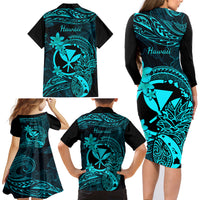 Hawaii Family Matching Long Sleeve Bodycon Dress and Hawaiian Shirt Pineapple Mix Polynesian Plumeria Turquoise Version - Wonder Print Shop