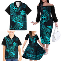 Hawaii Family Matching Off Shoulder Long Sleeve Dress and Hawaiian Shirt Pineapple Mix Polynesian Plumeria Turquoise Version - Wonder Print Shop