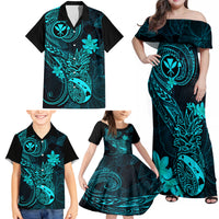 Hawaii Family Matching Off Shoulder Maxi Dress and Hawaiian Shirt Pineapple Mix Polynesian Plumeria Turquoise Version - Wonder Print Shop