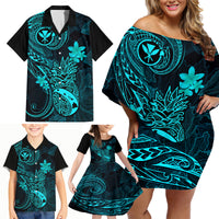 Hawaii Family Matching Off Shoulder Short Dress and Hawaiian Shirt Pineapple Mix Polynesian Plumeria Turquoise Version - Wonder Print Shop