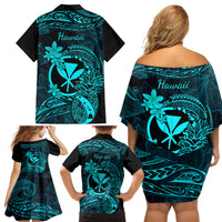 Hawaii Family Matching Off Shoulder Short Dress and Hawaiian Shirt Pineapple Mix Polynesian Plumeria Turquoise Version - Wonder Print Shop