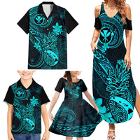 Hawaii Family Matching Summer Maxi Dress and Hawaiian Shirt Pineapple Mix Polynesian Plumeria Turquoise Version - Wonder Print Shop
