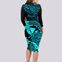 Hawaii Long Sleeve Bodycon Dress Pineapple Mix Polynesian Plumeria Turquoise Version - Wonder Print Shop