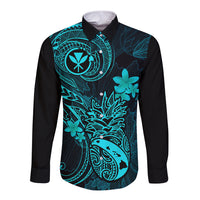 Hawaii Long Sleeve Button Shirt Pineapple Mix Polynesian Plumeria Turquoise Version - Wonder Print Shop