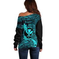 Hawaii Off Shoulder Sweater Pineapple Mix Polynesian Plumeria Turquoise Version - Wonder Print Shop