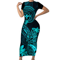 Hawaii Short Sleeve Bodycon Dress Pineapple Mix Polynesian Plumeria Turquoise Version - Wonder Print Shop
