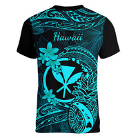 Hawaii Women V Neck T Shirt Pineapple Mix Polynesian Plumeria Turquoise Version - Wonder Print Shop
