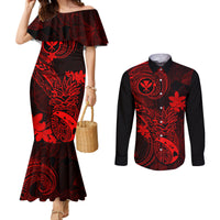 hawaii-couples-matching-mermaid-dress-and-long-sleeve-button-shirts-pineapple-mix-polynesian-plumeria-red-version