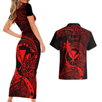 Hawaii Couples Matching Short Sleeve Bodycon Dress and Hawaiian Shirt Pineapple Mix Polynesian Plumeria Red Version - Wonder Print Shop