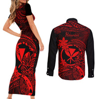 Hawaii Couples Matching Short Sleeve Bodycon Dress and Long Sleeve Button Shirts Pineapple Mix Polynesian Plumeria Red Version - Wonder Print Shop