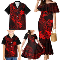 Hawaii Family Matching Mermaid Dress and Hawaiian Shirt Pineapple Mix Polynesian Plumeria Red Version - Wonder Print Shop