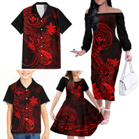 Hawaii Family Matching Off Shoulder Long Sleeve Dress and Hawaiian Shirt Pineapple Mix Polynesian Plumeria Red Version - Wonder Print Shop