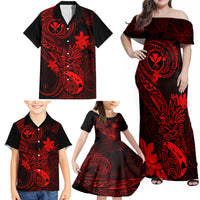 Hawaii Family Matching Off Shoulder Maxi Dress and Hawaiian Shirt Pineapple Mix Polynesian Plumeria Red Version - Wonder Print Shop