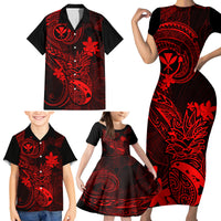 Hawaii Family Matching Short Sleeve Bodycon Dress and Hawaiian Shirt Pineapple Mix Polynesian Plumeria Red Version - Wonder Print Shop