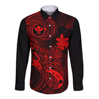 Hawaii Long Sleeve Button Shirt Pineapple Mix Polynesian Plumeria Red Version - Wonder Print Shop
