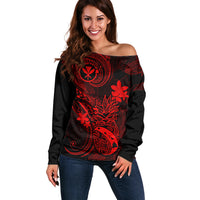 Hawaii Off Shoulder Sweater Pineapple Mix Polynesian Plumeria Red Version - Wonder Print Shop