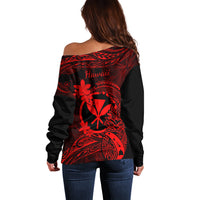 Hawaii Off Shoulder Sweater Pineapple Mix Polynesian Plumeria Red Version - Wonder Print Shop