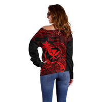 Hawaii Off Shoulder Sweater Pineapple Mix Polynesian Plumeria Red Version - Wonder Print Shop