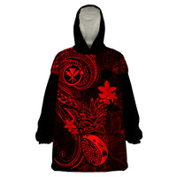 Hawaii Wearable Blanket Hoodie Pineapple Mix Polynesian Plumeria Red Version - Wonder Print Shop