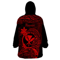 Hawaii Wearable Blanket Hoodie Pineapple Mix Polynesian Plumeria Red Version - Wonder Print Shop