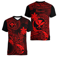 Hawaii Women V Neck T Shirt Pineapple Mix Polynesian Plumeria Red Version - Wonder Print Shop