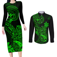 Hawaii Couples Matching Long Sleeve Bodycon Dress and Long Sleeve Button Shirts Pineapple Mix Polynesian Plumeria Green Version - Wonder Print Shop