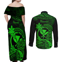 Hawaii Couples Matching Off Shoulder Maxi Dress and Long Sleeve Button Shirts Pineapple Mix Polynesian Plumeria Green Version - Wonder Print Shop