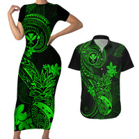 Hawaii Couples Matching Short Sleeve Bodycon Dress and Hawaiian Shirt Pineapple Mix Polynesian Plumeria Green Version - Wonder Print Shop
