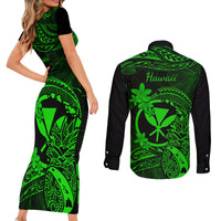 Hawaii Couples Matching Short Sleeve Bodycon Dress and Long Sleeve Button Shirts Pineapple Mix Polynesian Plumeria Green Version - Wonder Print Shop