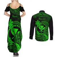 Hawaii Couples Matching Summer Maxi Dress and Long Sleeve Button Shirts Pineapple Mix Polynesian Plumeria Green Version - Wonder Print Shop