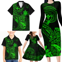 Hawaii Family Matching Long Sleeve Bodycon Dress and Hawaiian Shirt Pineapple Mix Polynesian Plumeria Green Version - Wonder Print Shop