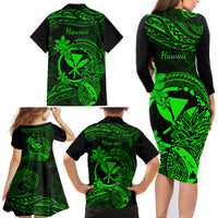 Hawaii Family Matching Long Sleeve Bodycon Dress and Hawaiian Shirt Pineapple Mix Polynesian Plumeria Green Version - Wonder Print Shop