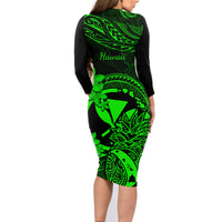 Hawaii Family Matching Long Sleeve Bodycon Dress and Hawaiian Shirt Pineapple Mix Polynesian Plumeria Green Version - Wonder Print Shop