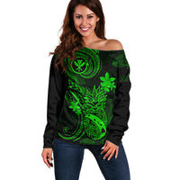 Hawaii Off Shoulder Sweater Pineapple Mix Polynesian Plumeria Green Version - Wonder Print Shop