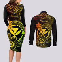 Hawaii Couples Matching Long Sleeve Bodycon Dress and Long Sleeve Button Shirts Shaka Tattoo Mix Polynesian Plumeria Reggae Version - Wonder Print Shop