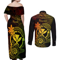 Hawaii Couples Matching Off Shoulder Maxi Dress and Long Sleeve Button Shirts Shaka Tattoo Mix Polynesian Plumeria Reggae Version - Wonder Print Shop
