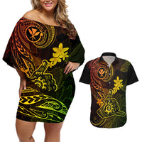 Hawaii Couples Matching Off Shoulder Short Dress and Hawaiian Shirt Shaka Tattoo Mix Polynesian Plumeria Reggae Version - Wonder Print Shop