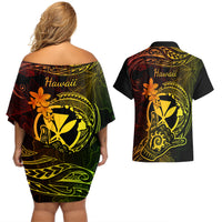 Hawaii Couples Matching Off Shoulder Short Dress and Hawaiian Shirt Shaka Tattoo Mix Polynesian Plumeria Reggae Version - Wonder Print Shop